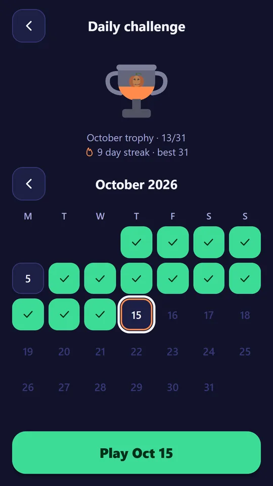 The daily challenge calendar with completed days